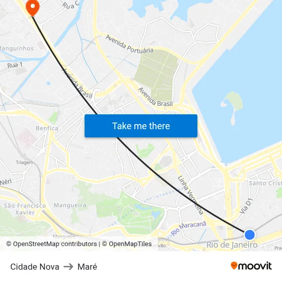 Cidade Nova to Maré map