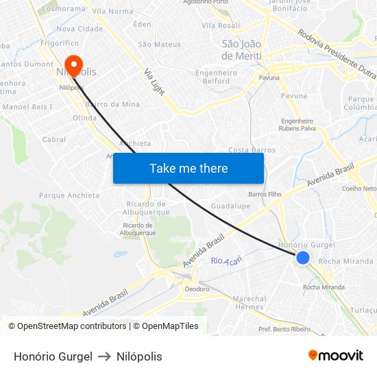 Honório Gurgel to Nilópolis map