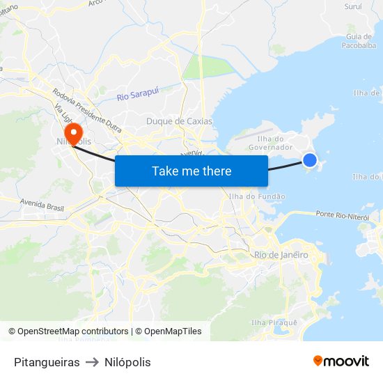 Pitangueiras to Nilópolis map