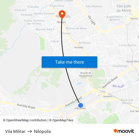 Vila Militar to Nilópolis map