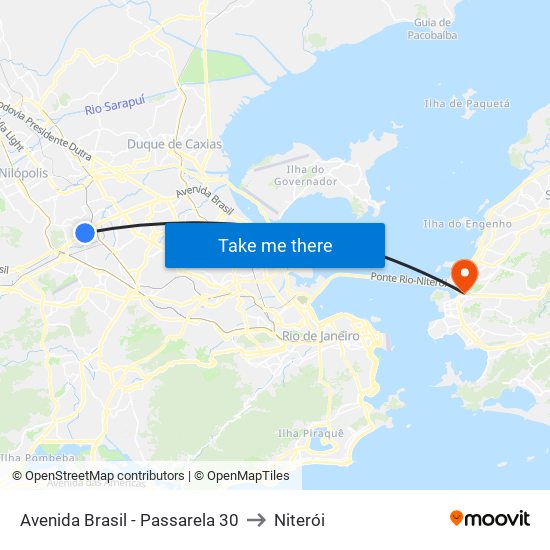 Avenida Brasil - Passarela 30 to Niterói map