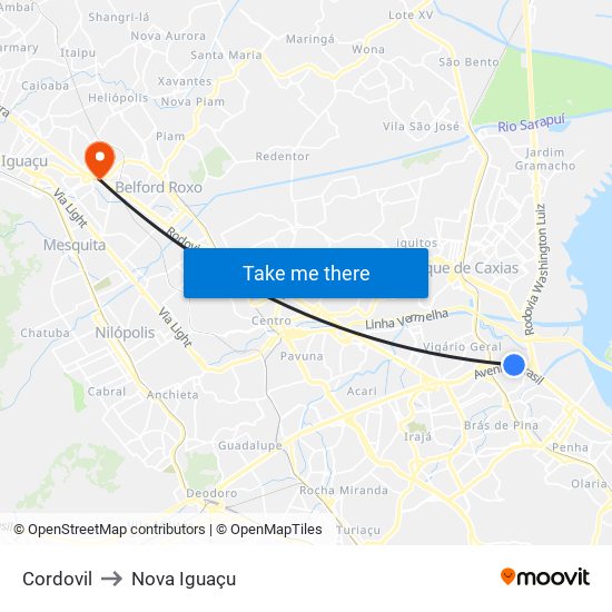 Cordovil to Nova Iguaçu map