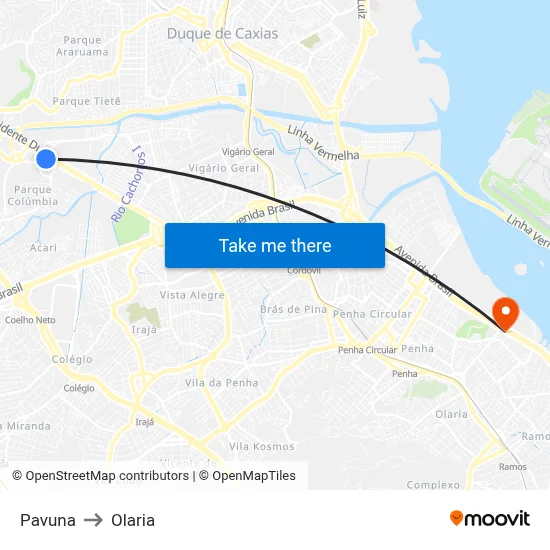 Pavuna to Olaria map