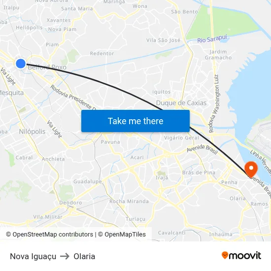 Nova Iguaçu to Olaria map