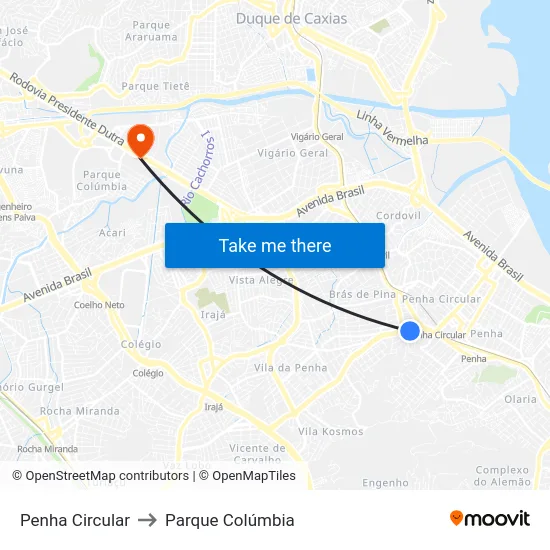 Penha Circular to Parque Colúmbia map
