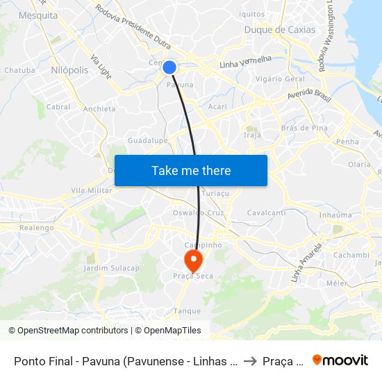 Ponto Final - Pavuna (Pavunense - Linhas 615, 687 E 688) to Praça Seca map