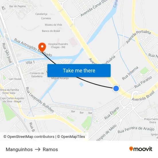 Manguinhos to Ramos map