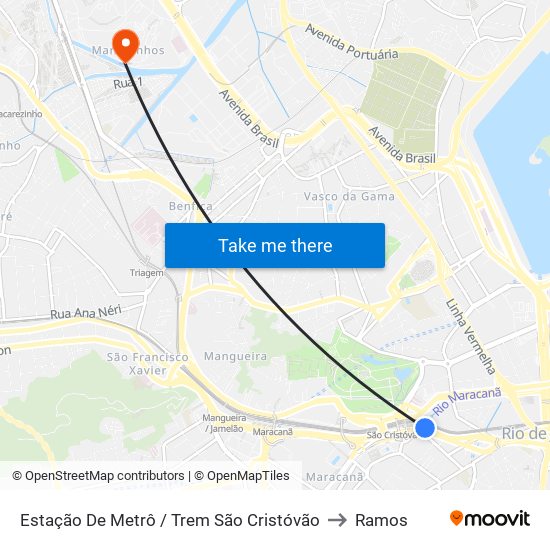 Estação De Metrô / Trem São Cristóvão to Ramos map