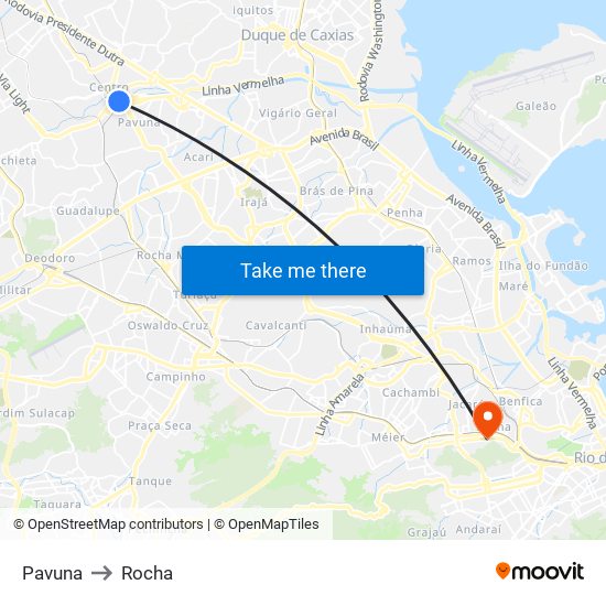 Pavuna to Rocha map