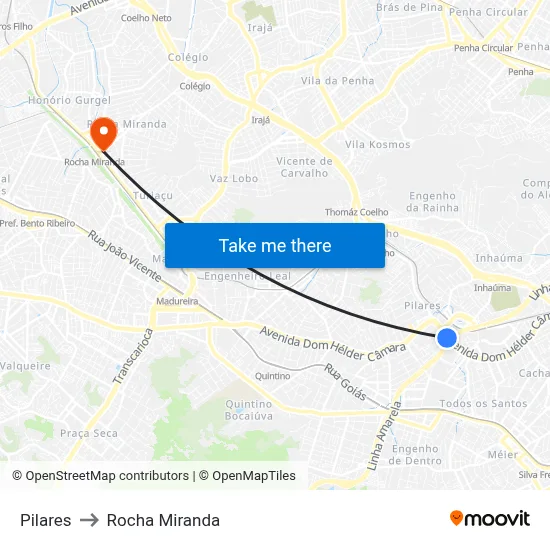 Pilares to Rocha Miranda map
