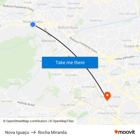 Nova Iguaçu to Rocha Miranda map