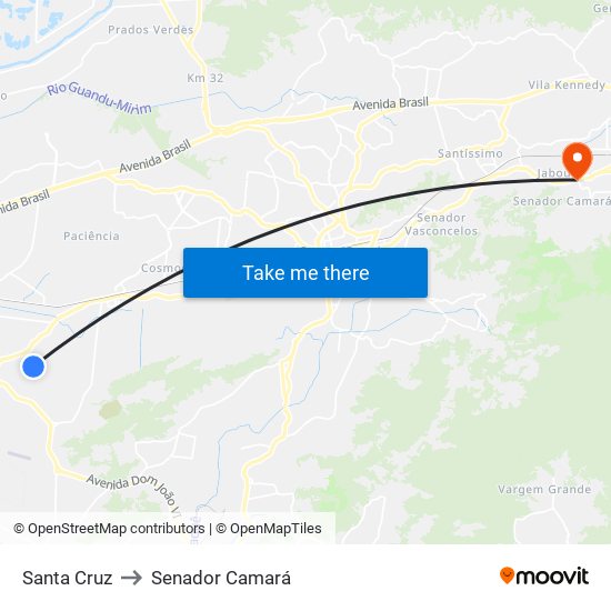 Santa Cruz to Senador Camará map