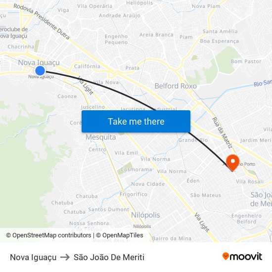 Nova Iguaçu to São João De Meriti map