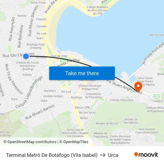 Terminal Metrô De Botafogo (Vila Isabel) to Urca map