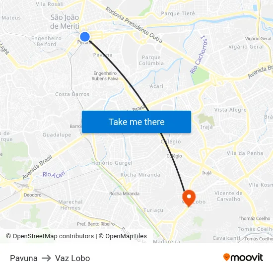 Pavuna to Vaz Lobo map