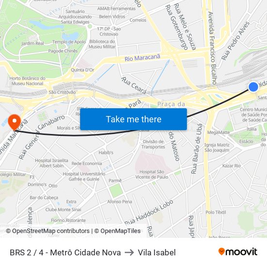 BRS 2 / 4 - Metrô Cidade Nova to Vila Isabel map