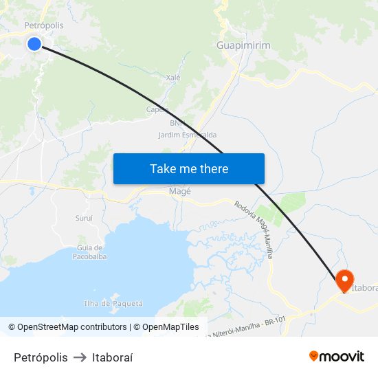 Petrópolis to Itaboraí map