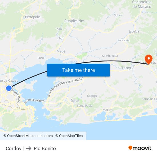 Cordovil to Rio Bonito map