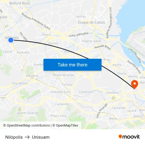 Nilópolis to Unisuam map