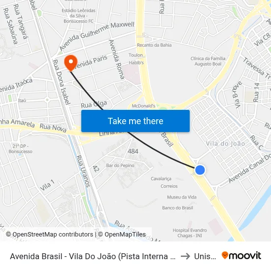 Avenida Brasil - Vila Do João (Pista Interna / Garagem Da Real) to Unisuam map