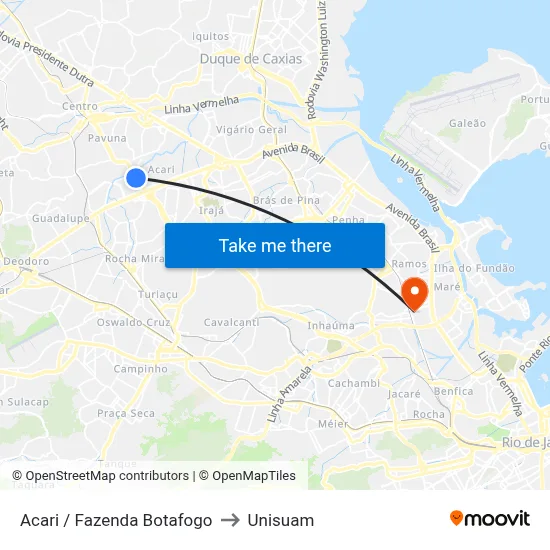 Acari / Fazenda Botafogo to Unisuam map