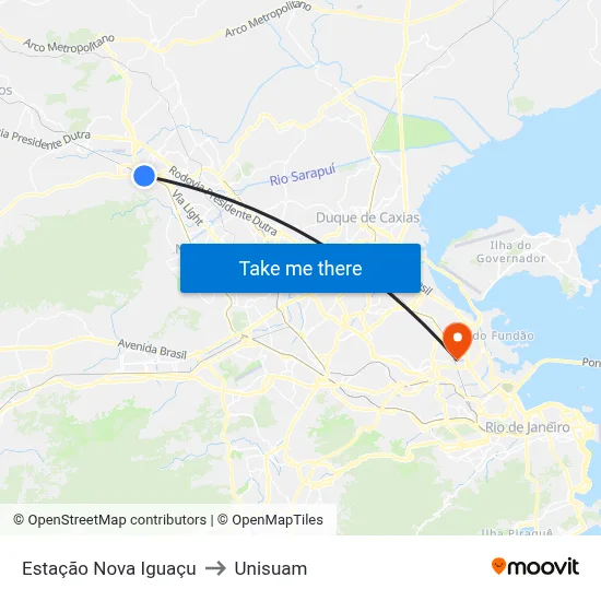 Estação Nova Iguaçu to Unisuam map