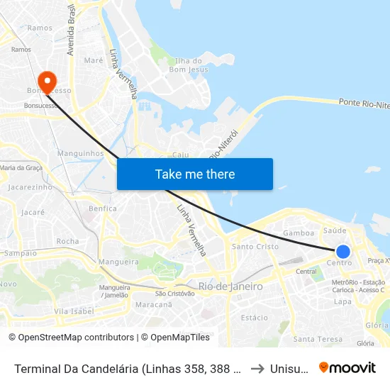 Terminal Da Candelária (Linhas 358, 388 E 389) to Unisuam map