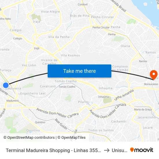 Terminal Madureira Shopping - Linhas 355, 774 E 940 to Unisuam map