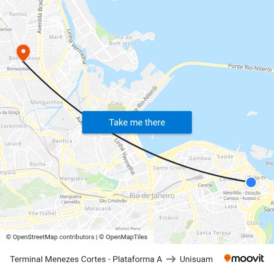 Terminal Menezes Cortes - Plataforma A to Unisuam map