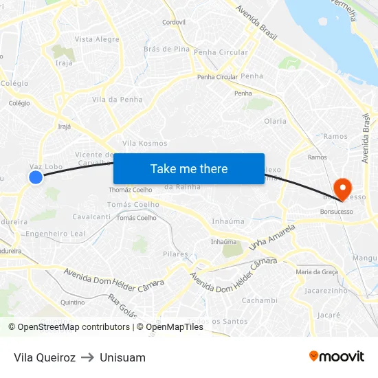 Vila Queiroz to Unisuam map