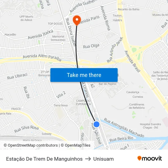 Estação De Trem De Manguinhos to Unisuam map