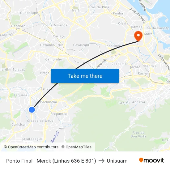 Ponto Final - Merck (Linhas 636 E 801) to Unisuam map
