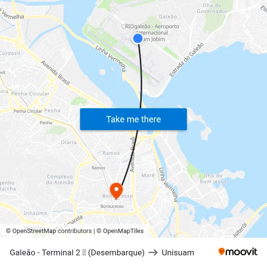 Galeão - Terminal 2 ✈ (Desembarque) to Unisuam map