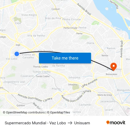 Supermercado Mundial - Vaz Lobo to Unisuam map