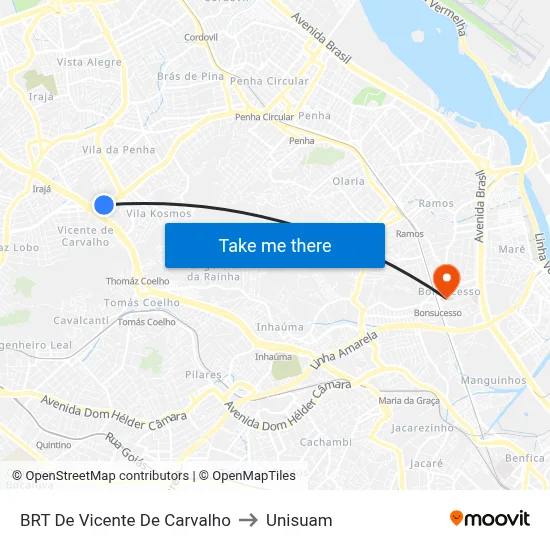 BRT De Vicente De Carvalho to Unisuam map