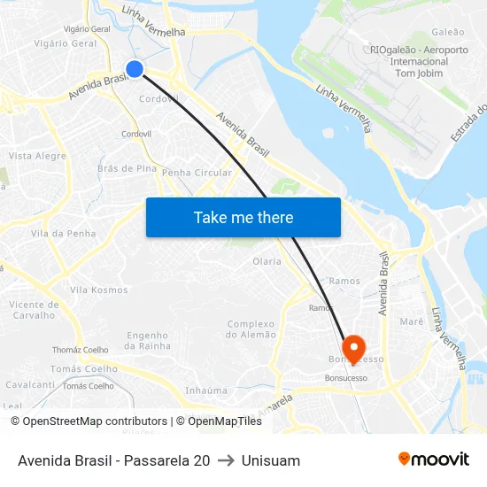 Avenida Brasil - Passarela 20 to Unisuam map