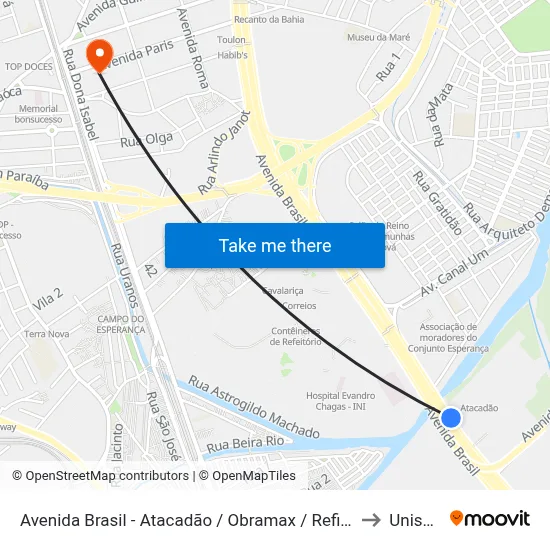 Avenida Brasil - Atacadão / Obramax / Refit Manguinhos to Unisuam map