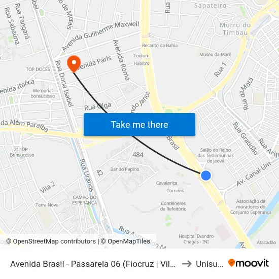 Avenida Brasil - Passarela 06 (Fiocruz | Vila Do João) to Unisuam map