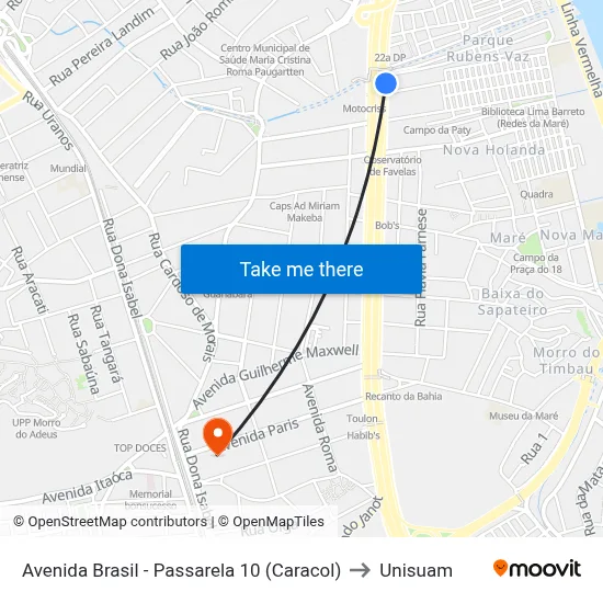 Avenida Brasil - Passarela 10 (Caracol) to Unisuam map