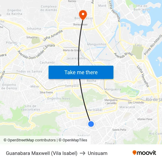 Guanabara Maxwell (Vila Isabel) to Unisuam map