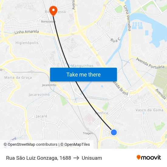 Rua São Luiz Gonzaga, 1688 to Unisuam map