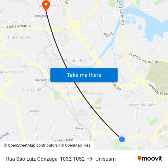 Rua São Luiz Gonzaga, 1032-1052 to Unisuam map