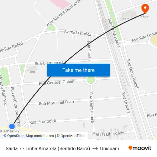 Saída 7 - Linha Amarela (Sentido Barra) to Unisuam map
