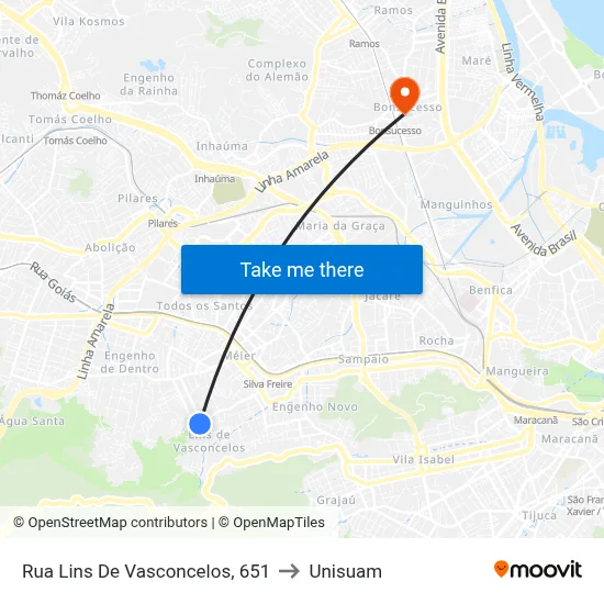 Rua Lins De Vasconcelos, 651 to Unisuam map