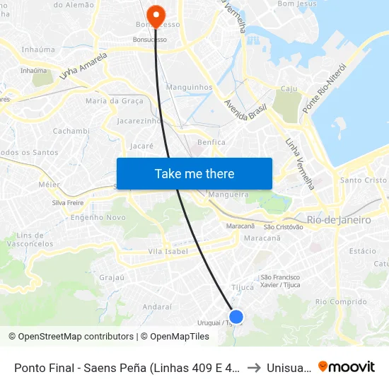 Ponto Final - Saens Peña (Linhas 409 E 416) to Unisuam map