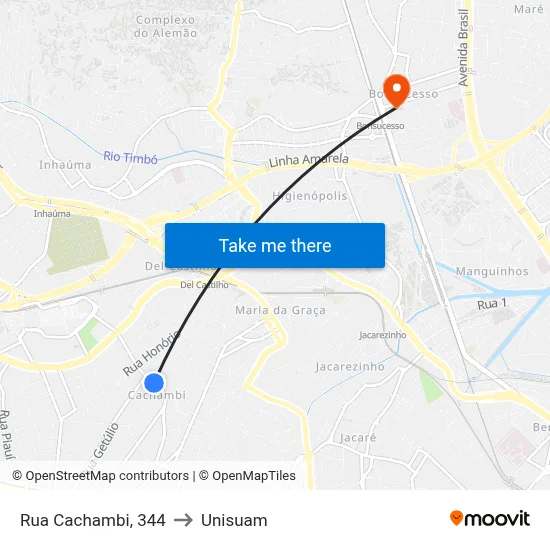 Rua Cachambi, 344 to Unisuam map