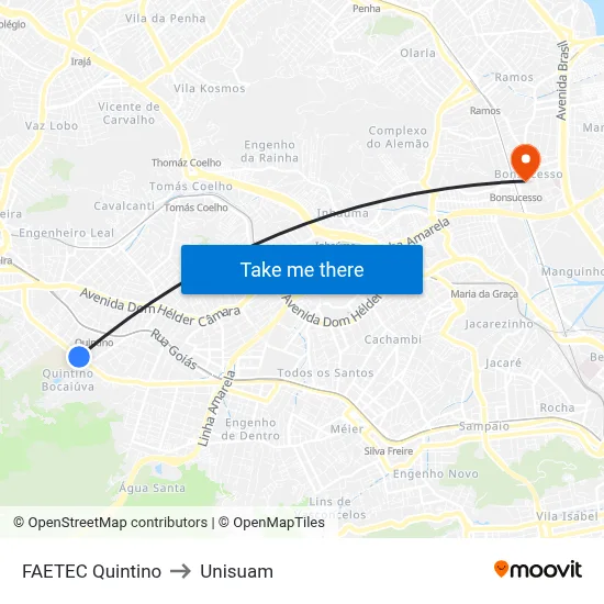 FAETEC Quintino to Unisuam map