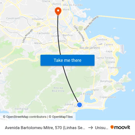 Avenida Bartolomeu Mitre, 570 (Linhas Sentido Barra) to Unisuam map