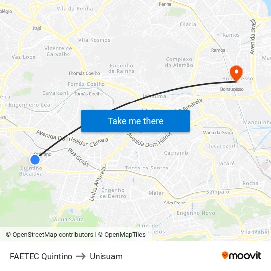 FAETEC Quintino to Unisuam map