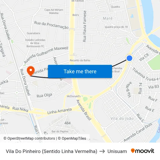 Vila Do Pinheiro (Sentido Linha Vermelha) to Unisuam map
